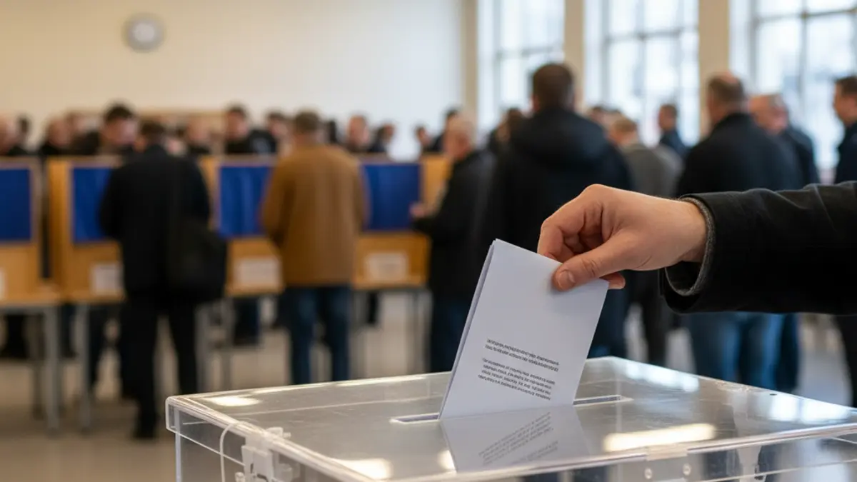 Generic image of a ballot box in a polling station, with voters in the background.