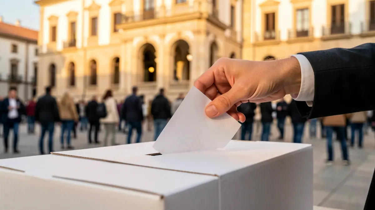 Primer plano de una urna electoral con una mano depositando un voto, con el Parlamento de Andalucía desenfocado al fondo.