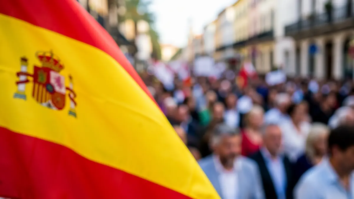 Imagen genérica de una bandera española con un mitin político desenfocado al fondo.