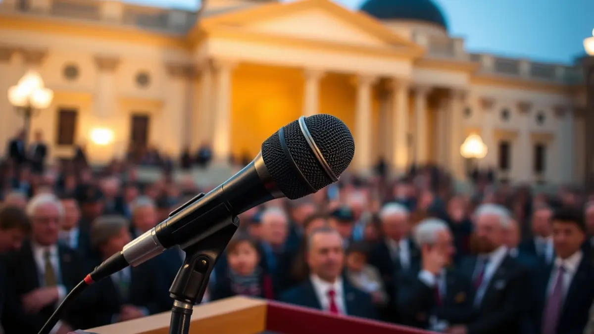 Generic image of a microphone on a podium during a political appearance.