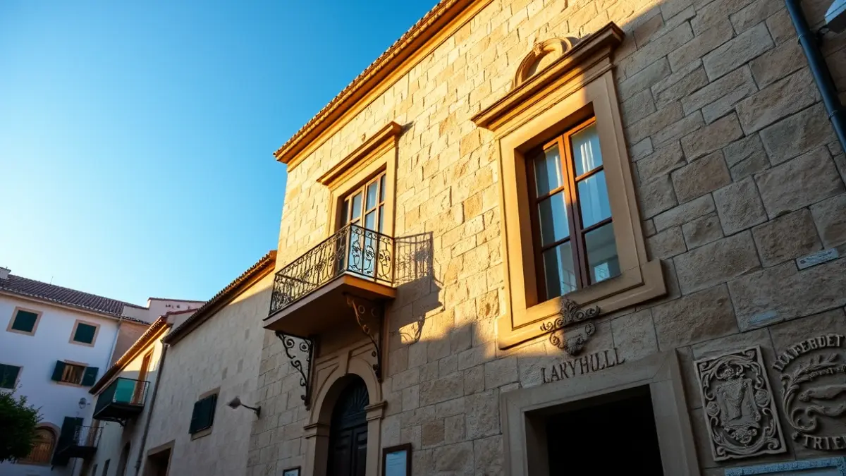 Facade of an Andalusian town hall with a wrought iron balcony under sunlight.