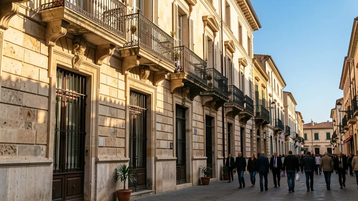 Fachada de un edificio histórico en Cádiz con balcones de hierro bajo la luz del sol.