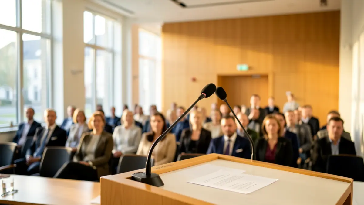 Generic image of a podium with a microphone in an institutional setting.
