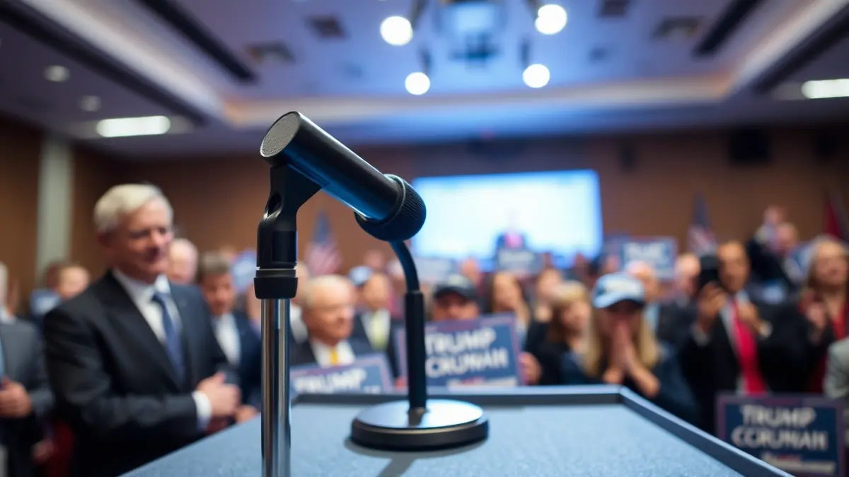 Generic image of a microphone on a podium during a political event.
