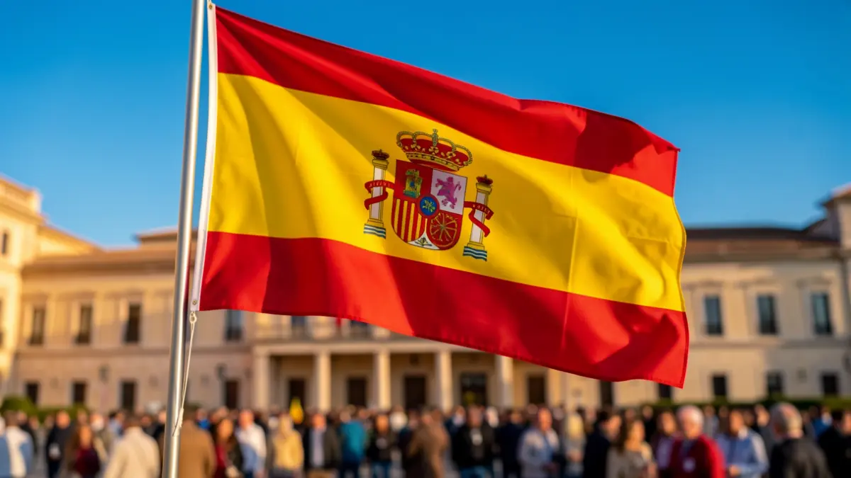Bandera de España ondeando frente a un edificio gubernamental en Andalucía.