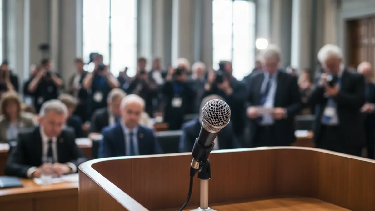 Generic image of a microphone on a podium during a public appearance.
