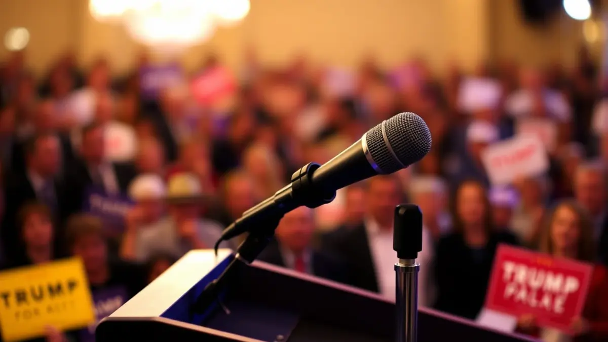 Generic image of a microphone on a podium during a political event.