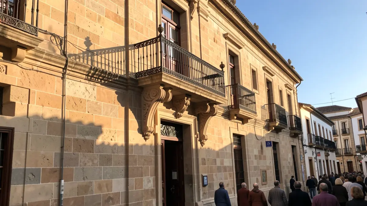 Fachada de un ayuntamiento andaluz con balcón y barandillas de hierro, luz cálida de la tarde.