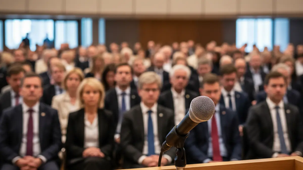 Imagen genérica de un micrófono en un atril durante un evento político.