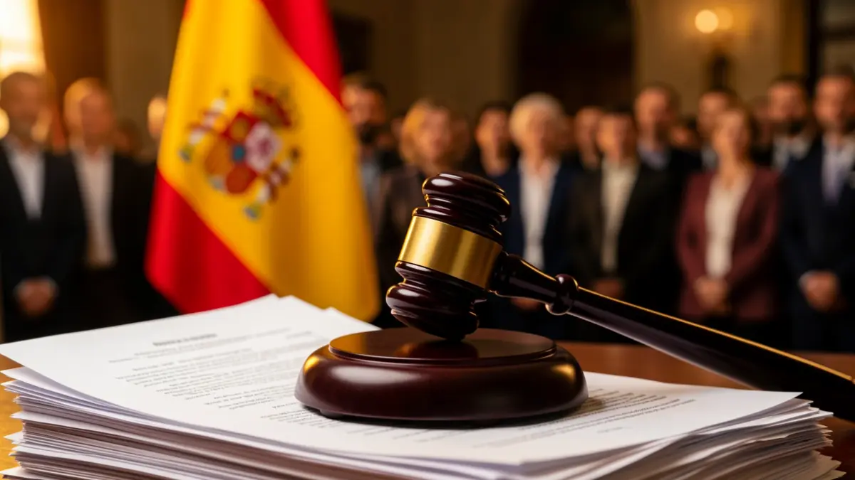 Imagen genérica de un mazo de juez sobre documentos legales con una bandera española desenfocada.