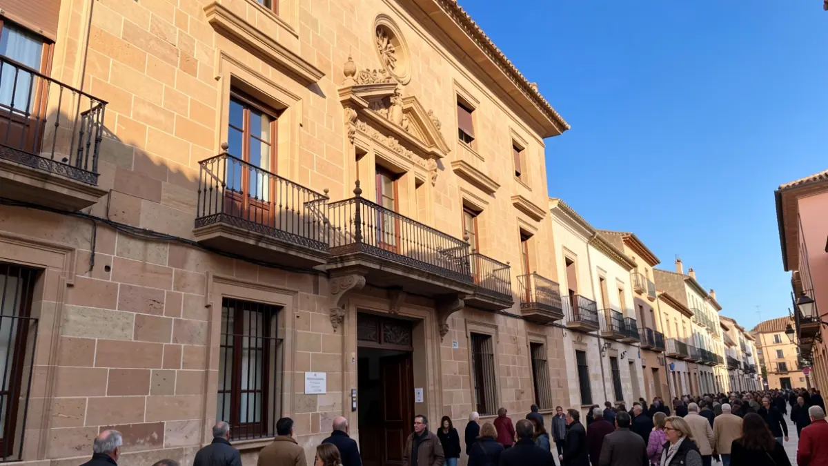 Fachada de piedra de un ayuntamiento andaluz con balcón ornamentado y barandillas de hierro, luz cálida de la tarde proyectando sombras sobre las paredes de arenisca, cielo azul.