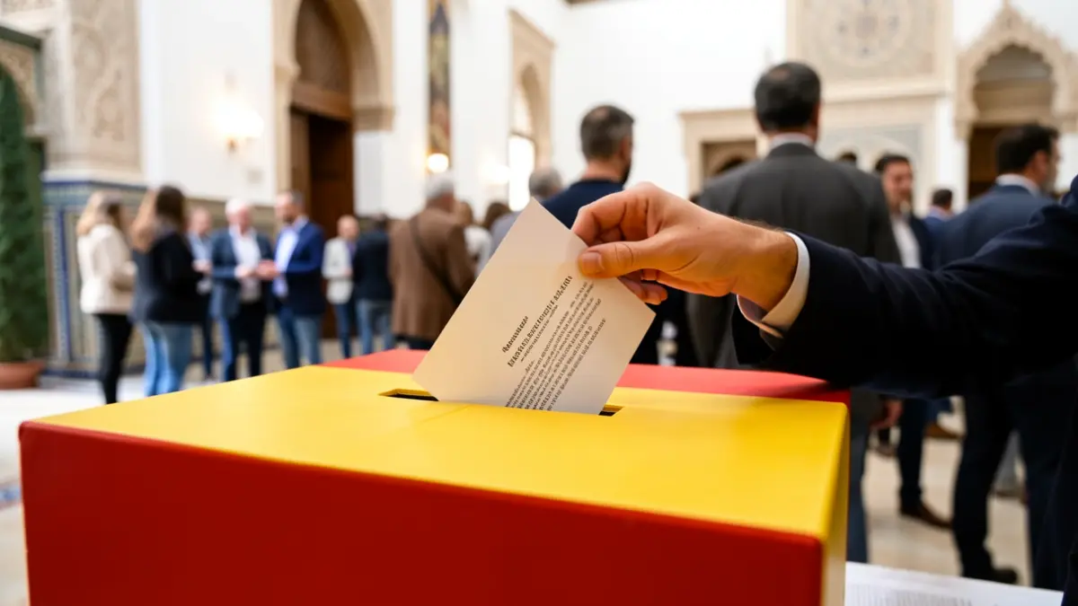 Close-up of a ballot box with Spanish flag colors, with a hand dropping a vote inside.