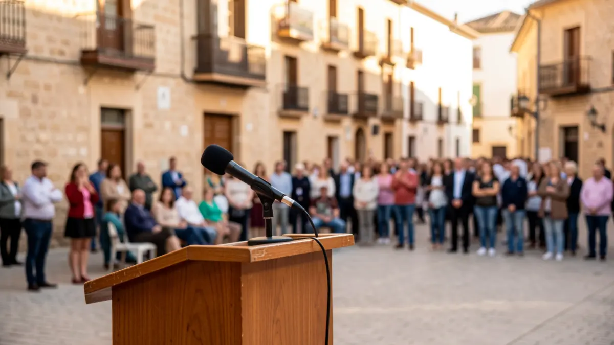 Imagen genérica de un atril con micrófono en una plaza andaluza durante un acto político.