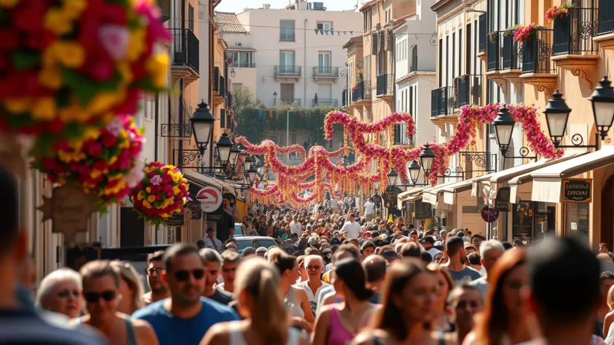 Imagen de una calle de Córdoba durante las Cruces de Mayo, con decoraciones florales y gente.