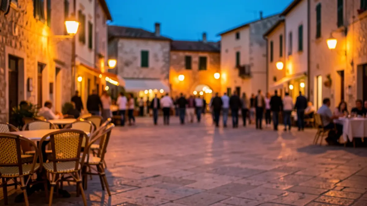 Escena festiva en una plaza andaluza al atardecer.