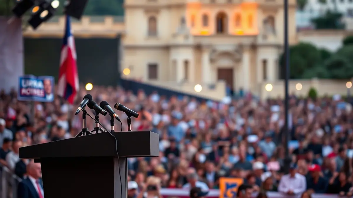 Generic image of a political rally with a podium and microphones.