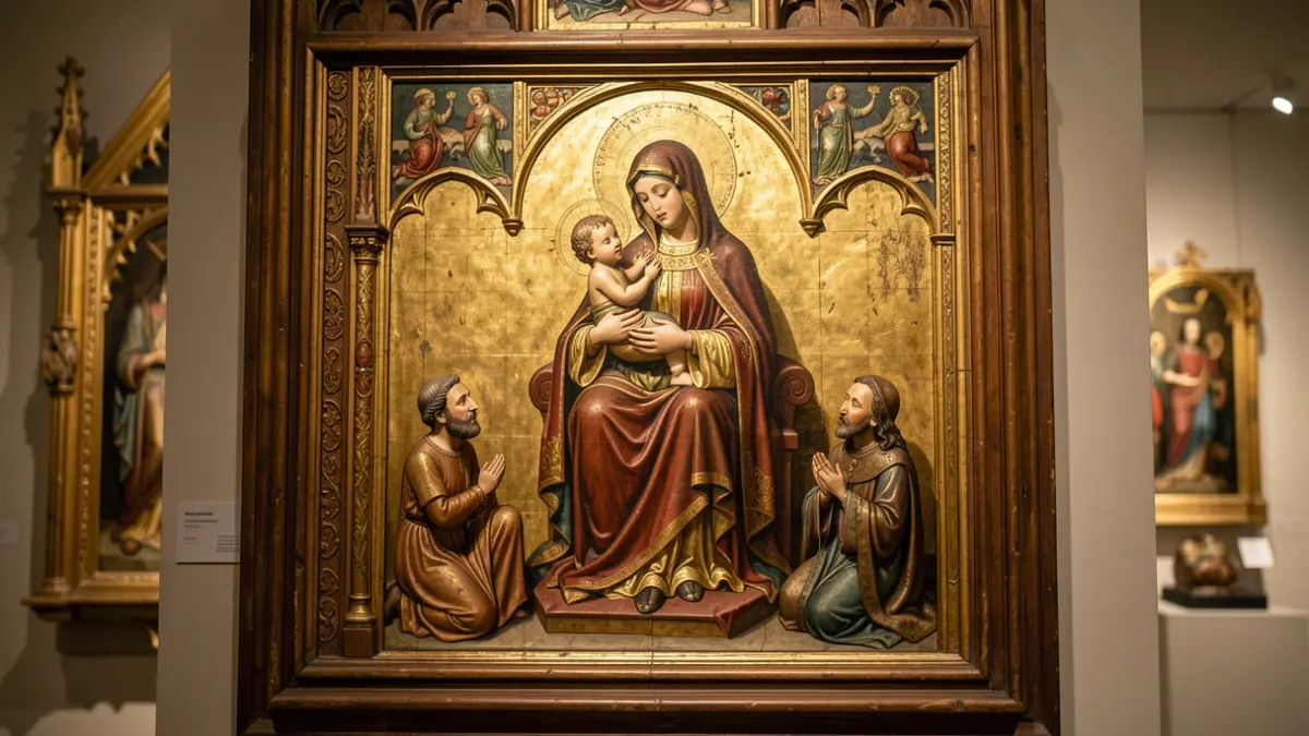 Detail of the 14th-century 'Virgin of the Milk' polyptych, exhibited at the Prado Museum.