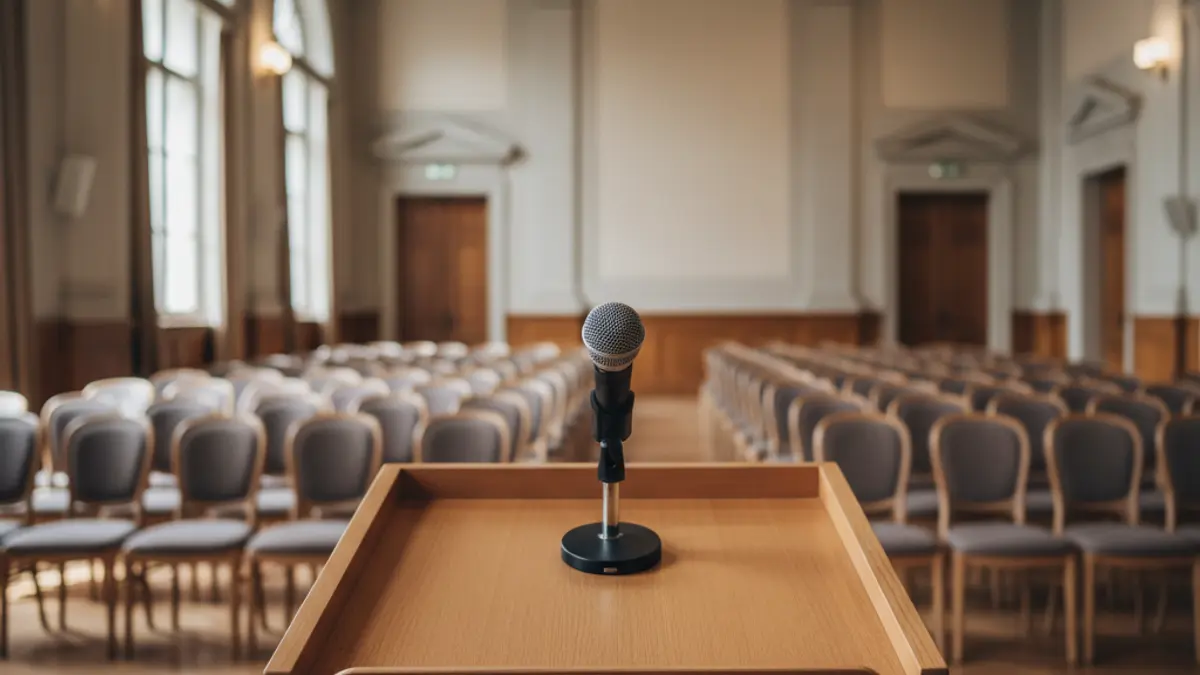 Generic image of a microphone on a podium at a political rally.