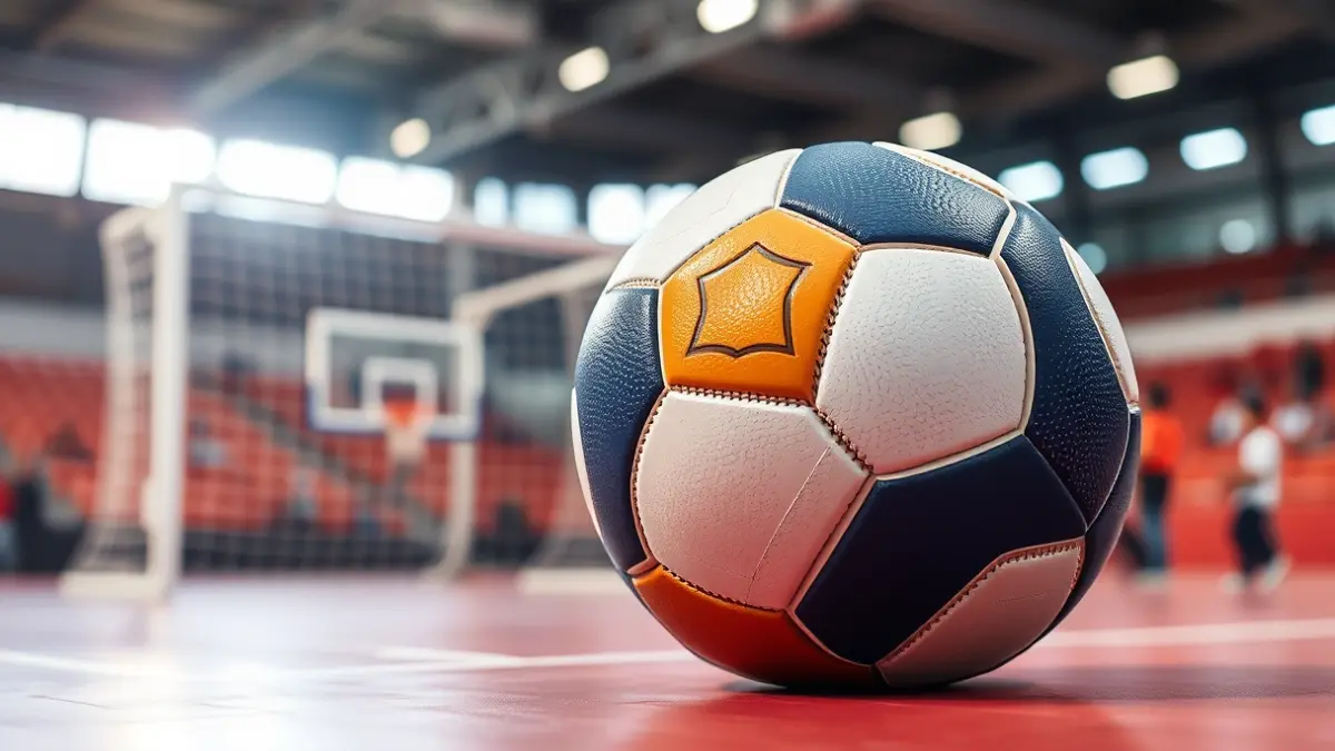 Generic image of a handball on the court, with a blurred goal net in the background.