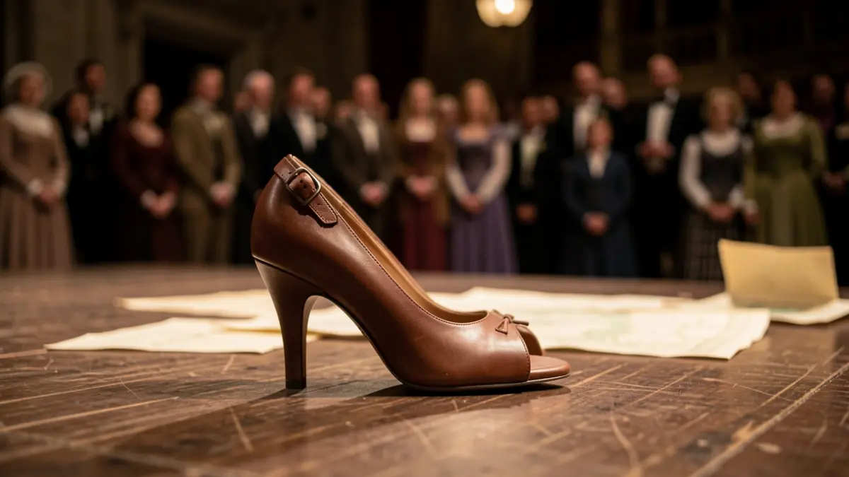 Primer plano de un zapato de baile sobre un escenario, evocando memoria histórica y danza.
