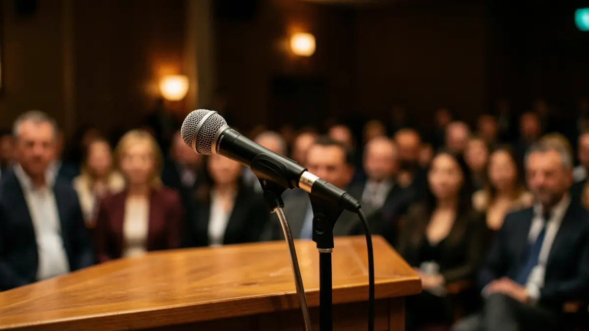 Generic image of a microphone in a press room.