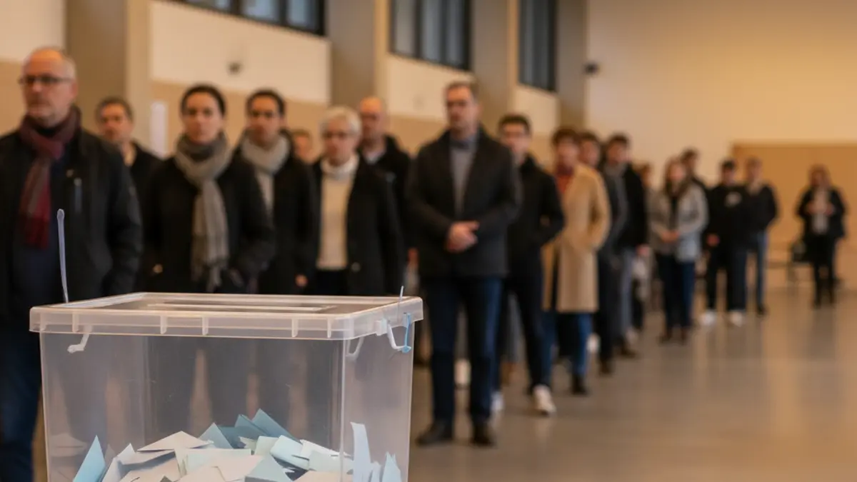 Generic image of a ballot box in a polling station, with people voting in the background.