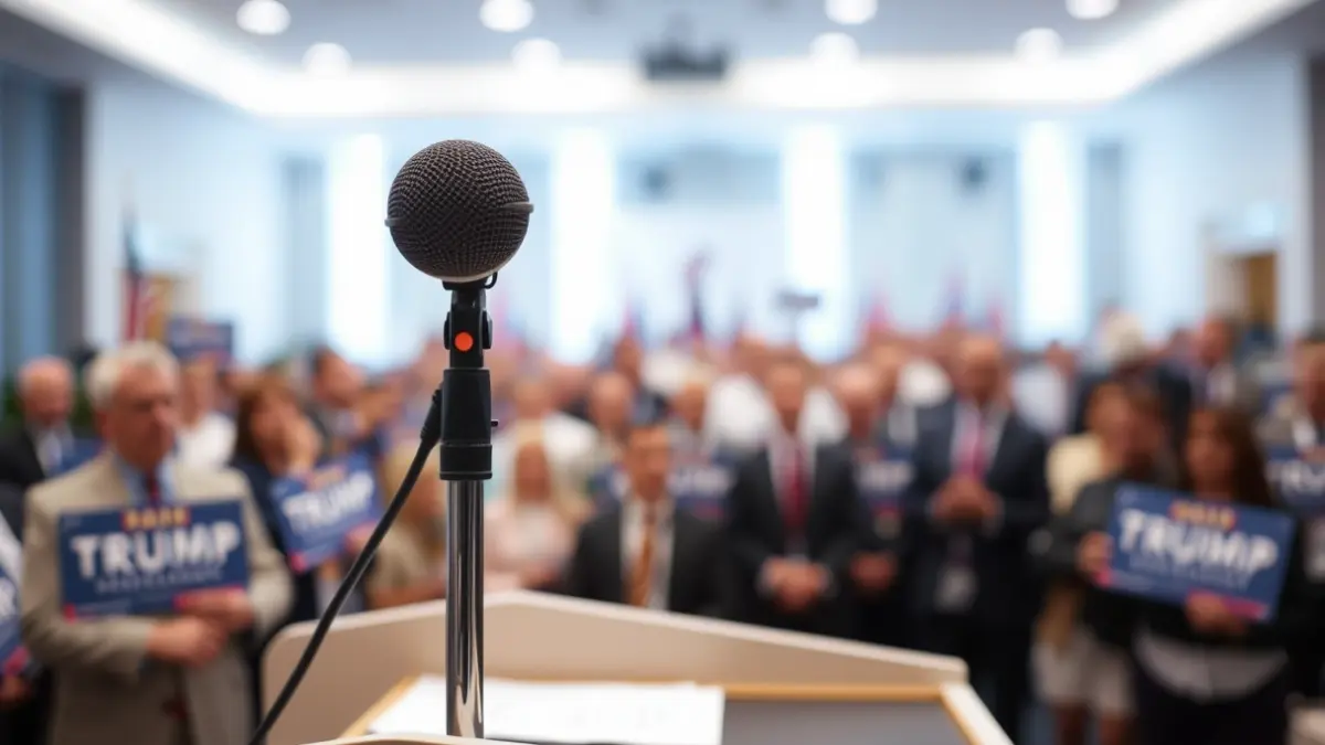 Generic image of a microphone on a podium during a political event.