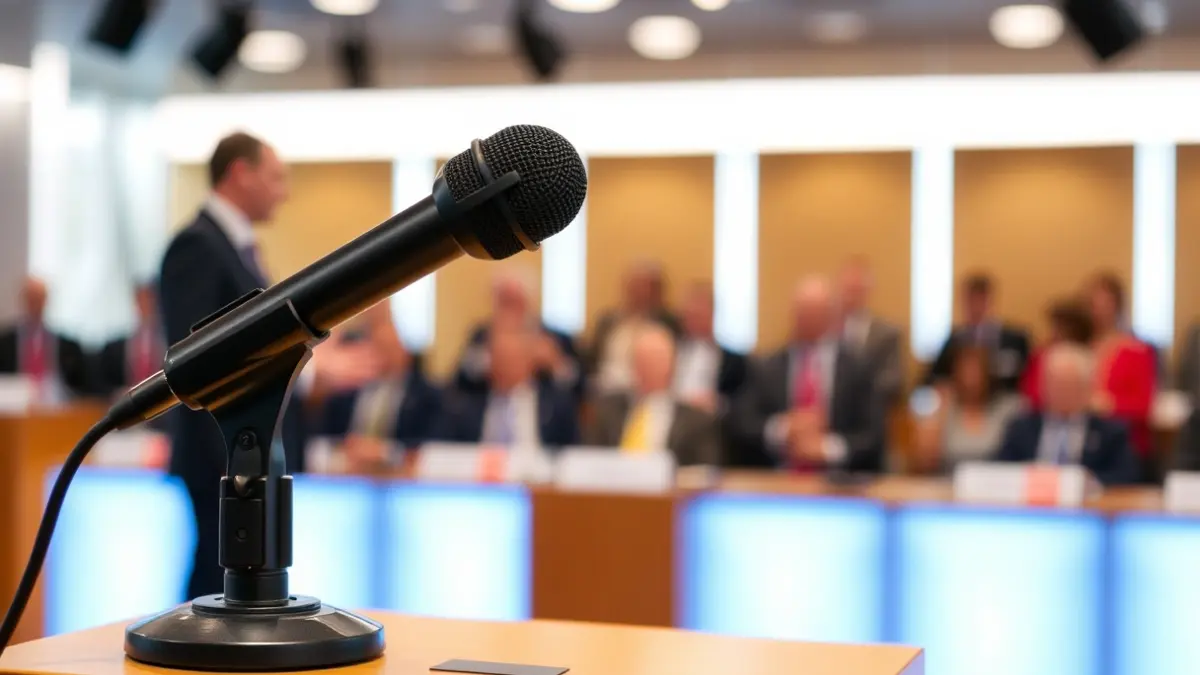 Generic image of a microphone on a podium, symbolizing a political debate or press conference.