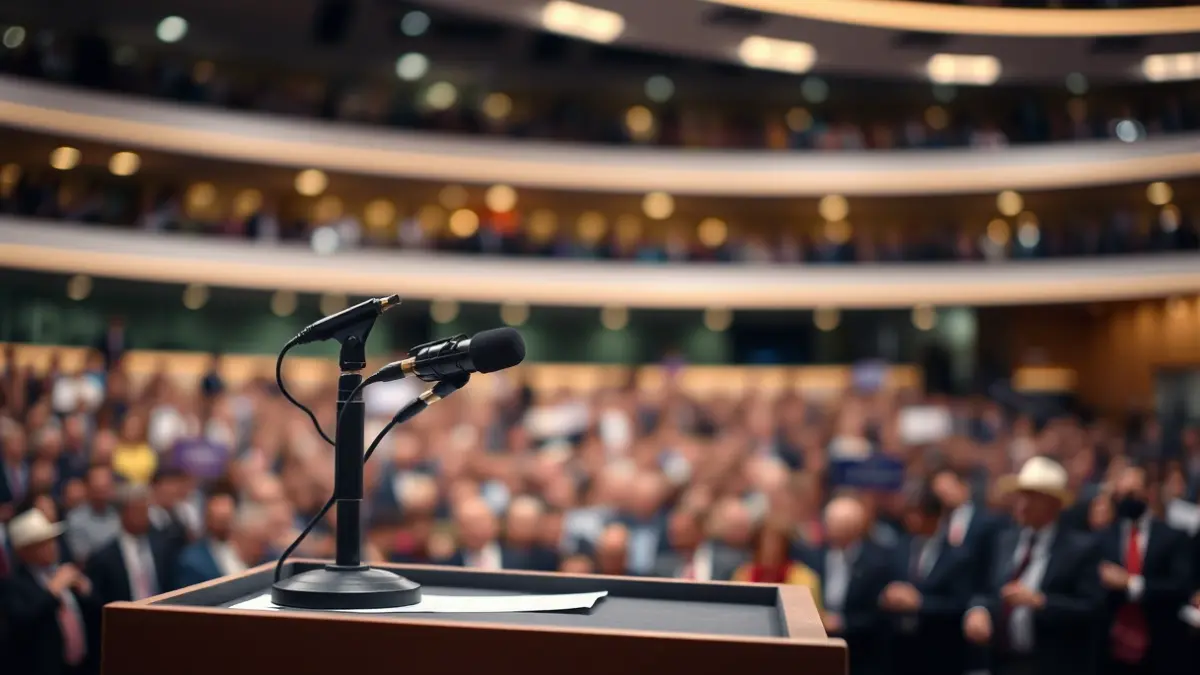 Generic image of a microphone on a podium during a political event.