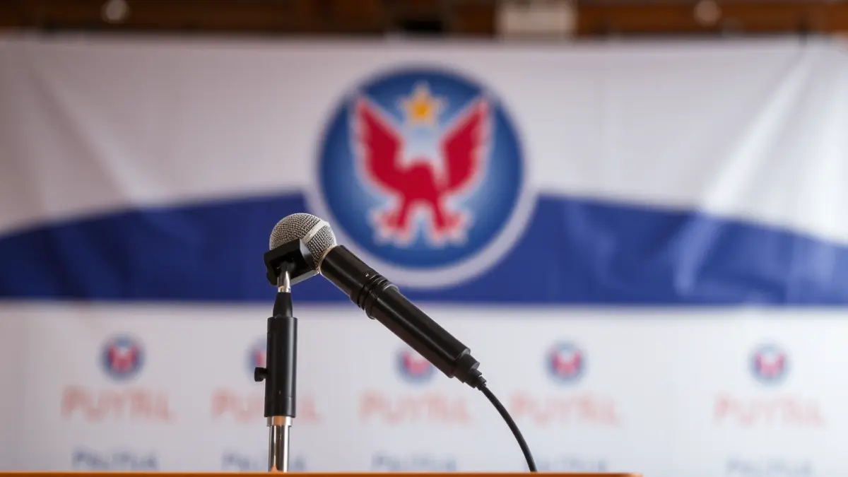 Generic image of a microphone on a podium during a press conference.