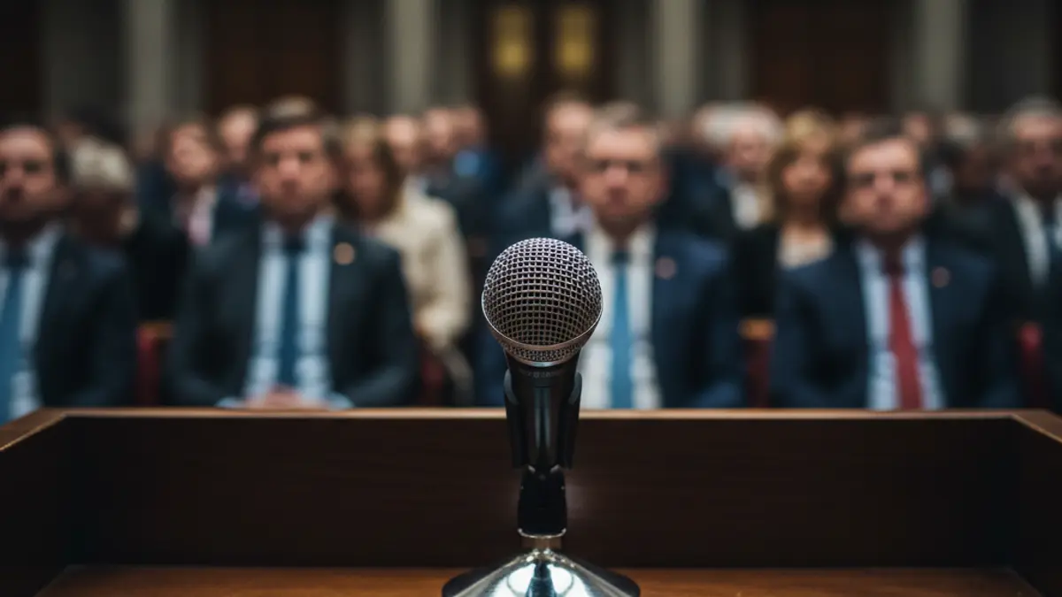 Generic image of a microphone on a podium, symbolizing a political debate.