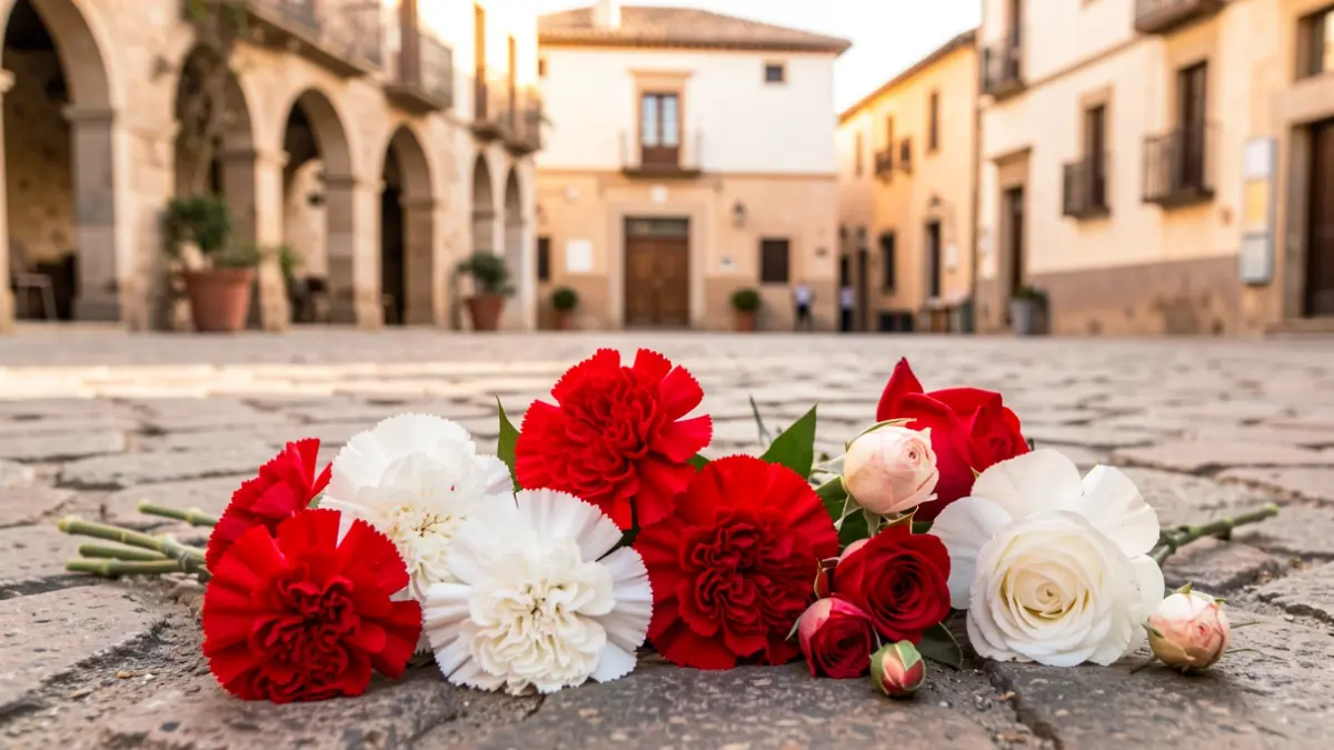 Primer plano de claveles y rosas rojas y blancas esparcidas por una calle adoquinada en una plaza histórica, con arquitectura andaluza al fondo.