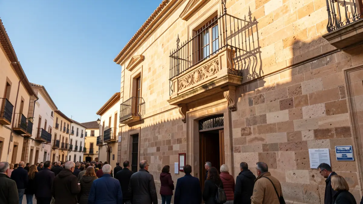 Imagen genérica de la fachada de un ayuntamiento andaluz con balcón y barandillas de hierro, bajo la luz del sol de la tarde.