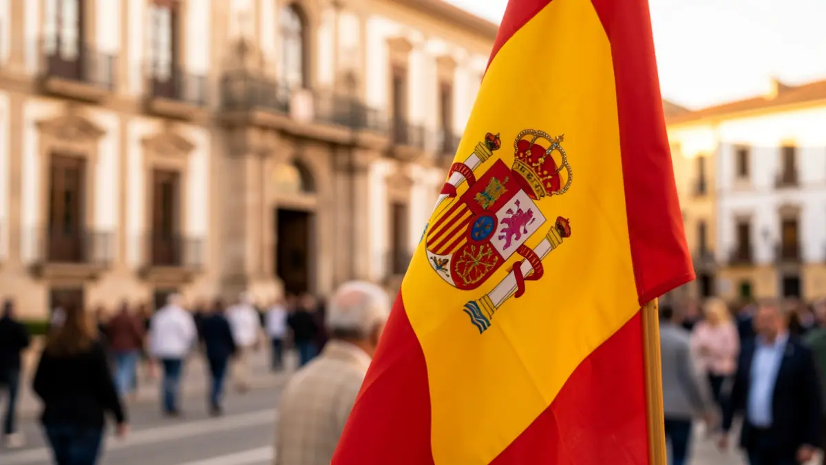 Bandera de España con el fondo difuminado de un edificio gubernamental andaluz.