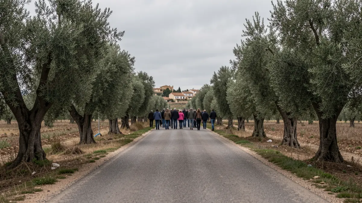 Generic image of a rural road in Andalusia with olive trees and a cloudy sky.