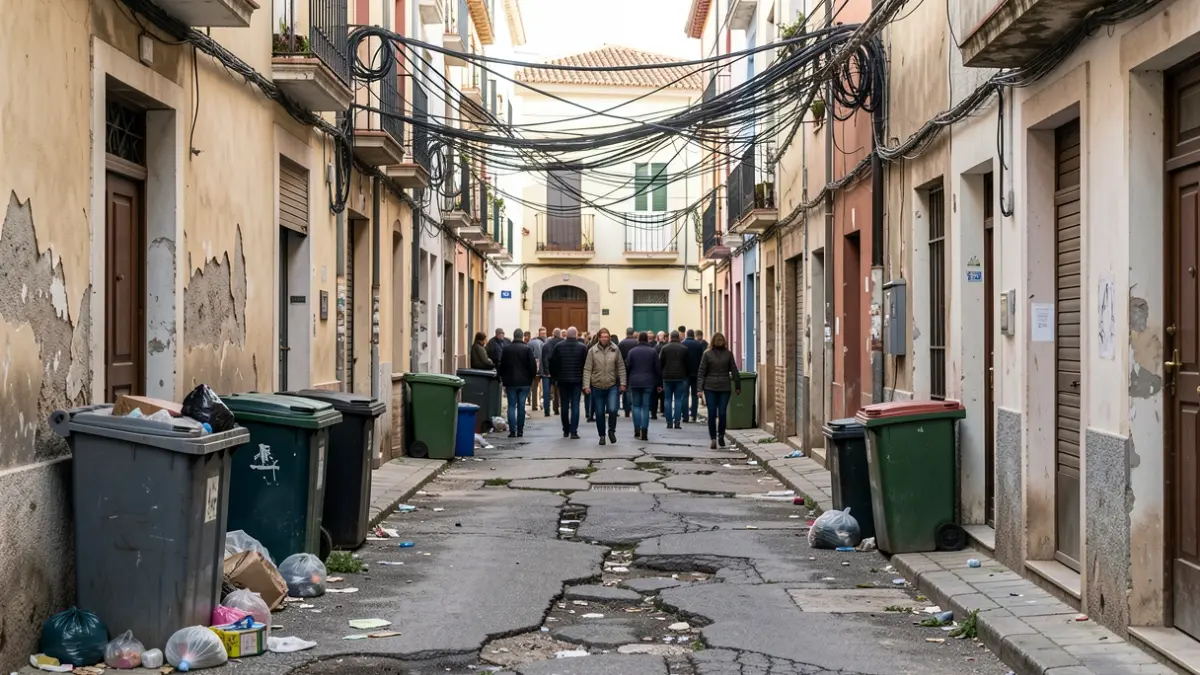 Generic image of a neglected street in a Malaga neighborhood with overhead wires and broken sidewalks.