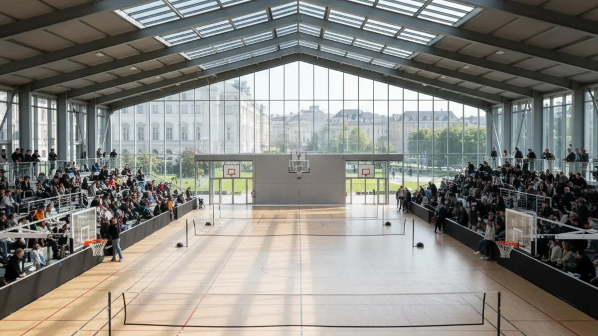 Generic image of a modern indoor sports center with basketball and badminton courts.
