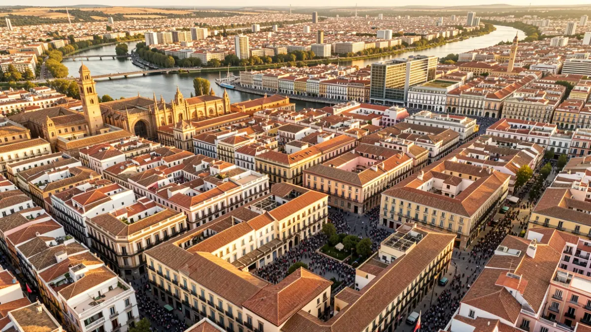 Vista aérea del centro de Sevilla con el río Guadalquivir y una mezcla de arquitectura histórica y desarrollo urbano.
