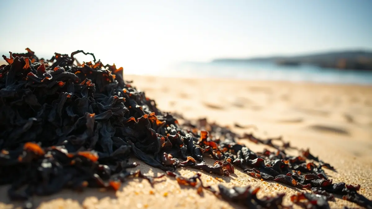 Image of invasive algae accumulated on an Andalusian beach, ready for removal.