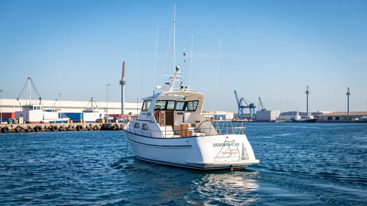 Imagen genérica de un barco navegando en la Bahía de Algeciras con instalaciones portuarias al fondo.