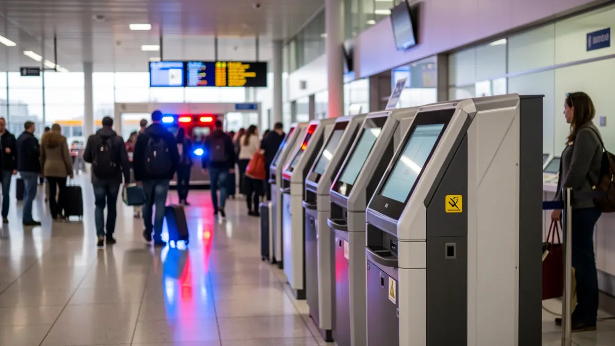 Image of automated border control kiosks in a port terminal.