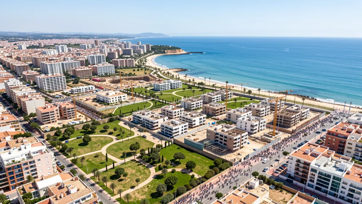 Aerial view of new residential constructions in a coastal city in Andalusia.