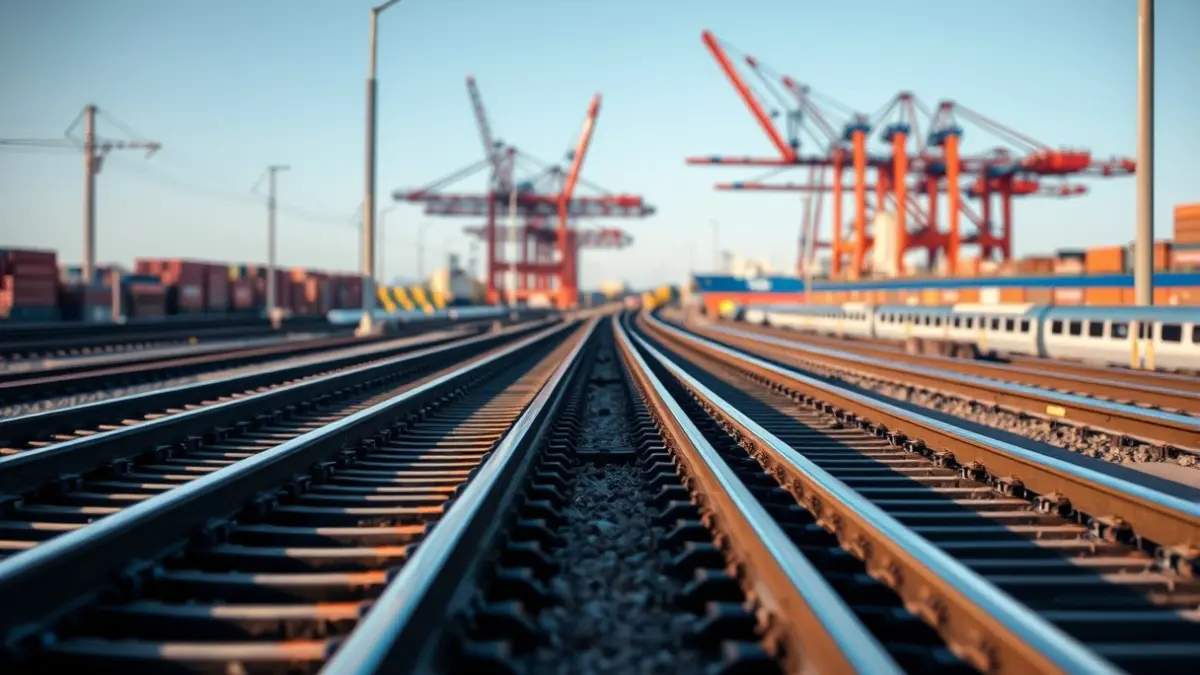 Imagen genérica de vías de tren en un puerto, con grúas y barcos al fondo.