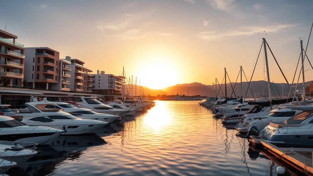 Image of a modern marina at sunset.