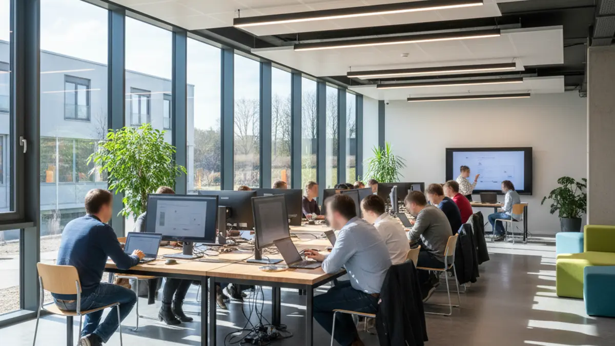 Generic image of a community center with people using computers.
