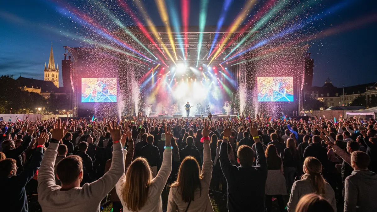 Imagen genérica de un festival de música con un escenario iluminado y una multitud animada.