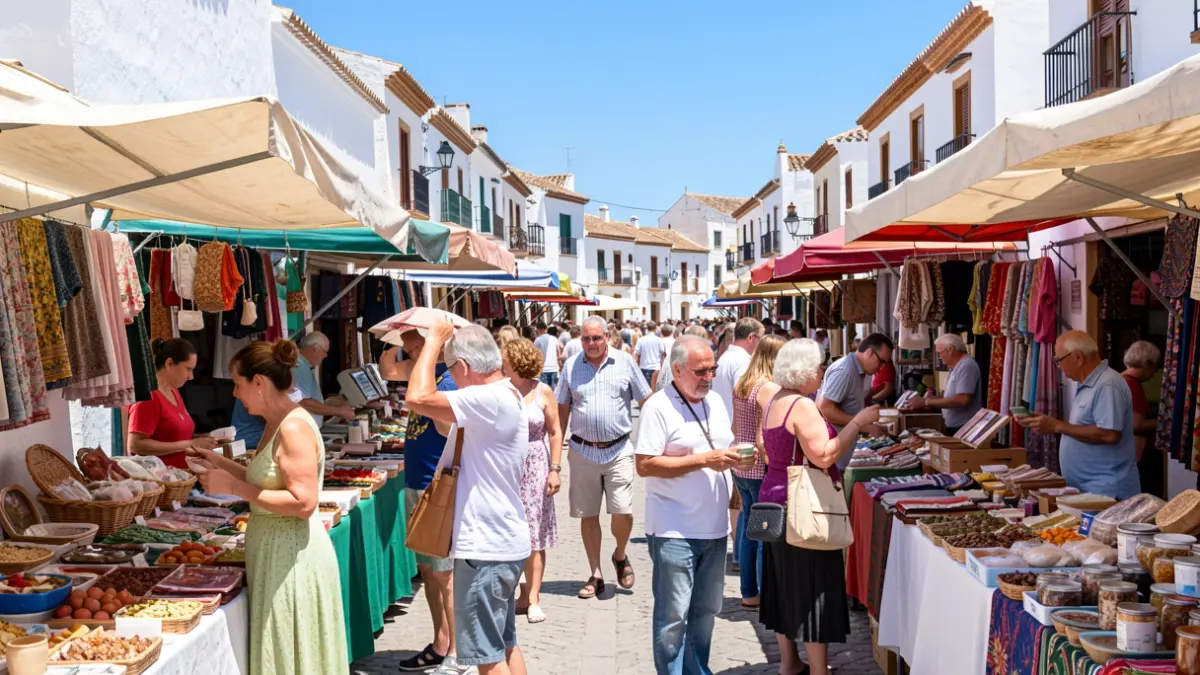 Generic image of an outdoor market in Andalusia with people shopping under intense sun.
