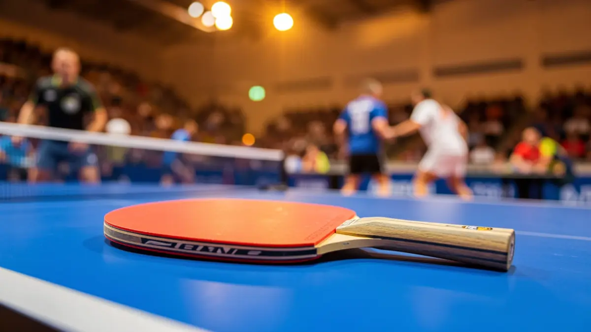 Imagen genérica de una pala de tenis de mesa sobre una mesa de competición.