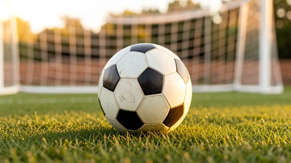 Generic image of a soccer ball on grass with the goal blurred in the background.