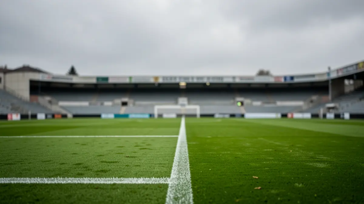 Imagen genérica de un campo de fútbol con césped y líneas blancas bajo un cielo gris.